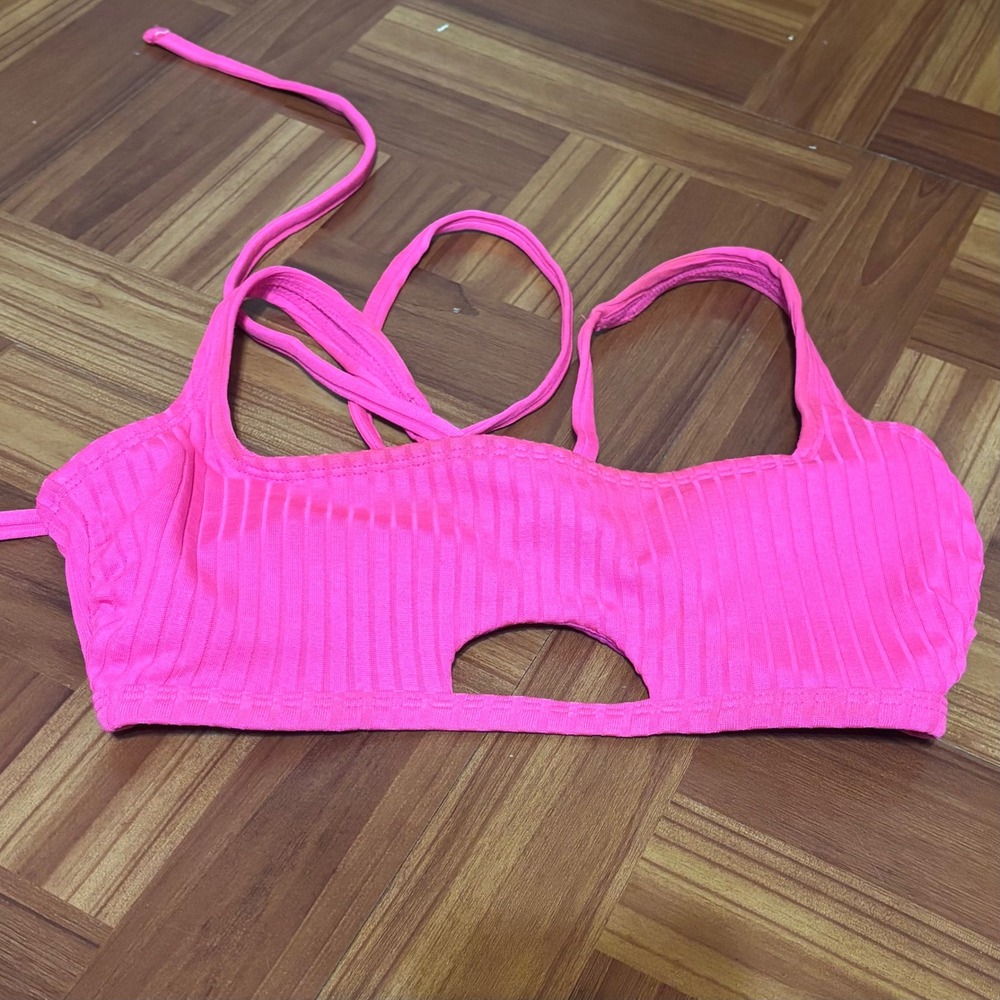 Xhilaration Neon Pink Ribbed Bikini Top Front Cutout‎ Lace Up Back Medium Womens